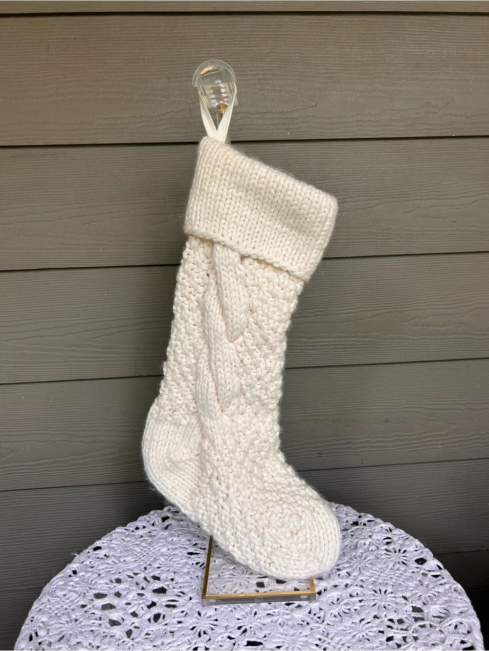 Pottery Barn Cream Chunky Knit Stocking with Folded Cuff